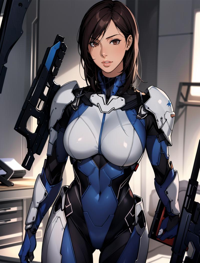 00313-meichilightMix_v10-3856340404-AshleyME, 1girl, solo, looking at viewer, brown hair, black hair, gloves, brown eyes, weapon, lips, gun, bodysuit, science ficti .png